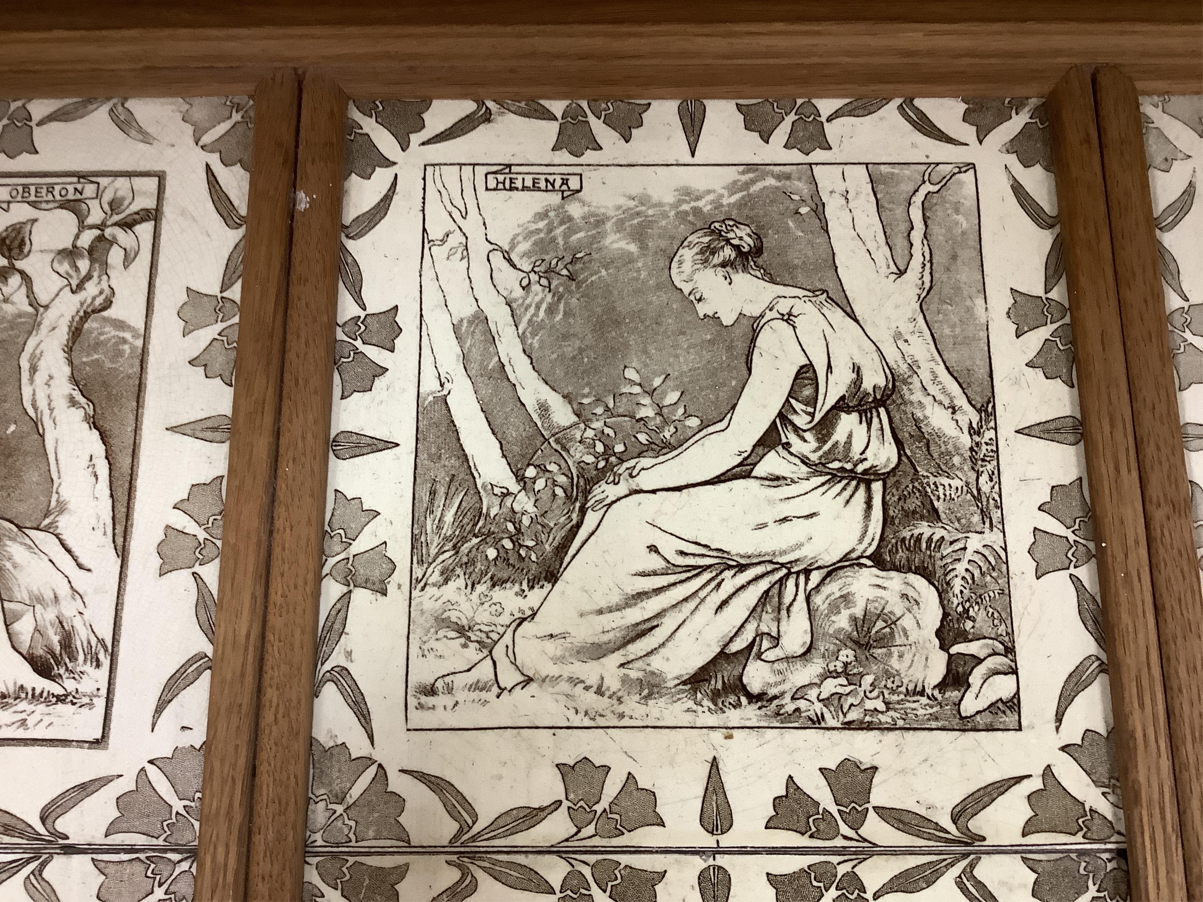 A set of six Wedgwood Midsummer Night’s Dream tiles, framed as one: Titania, Helena, Oberon, Bottom, Lysander and Peas Blossom, overall 48 x 73cm